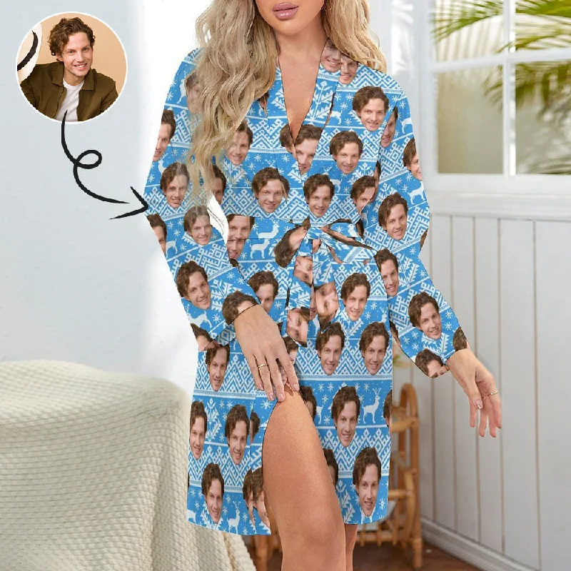 Custom Face Boyfriend Chrismas Blue Women's Nightwear Personalized Photo Pajamas Kimono Robe Summer pajama sets Custom Face Boyfriend Chrismas Blue Women's Nightwear Personalized Photo Pajamas Kimono Robe Summer pajama sets