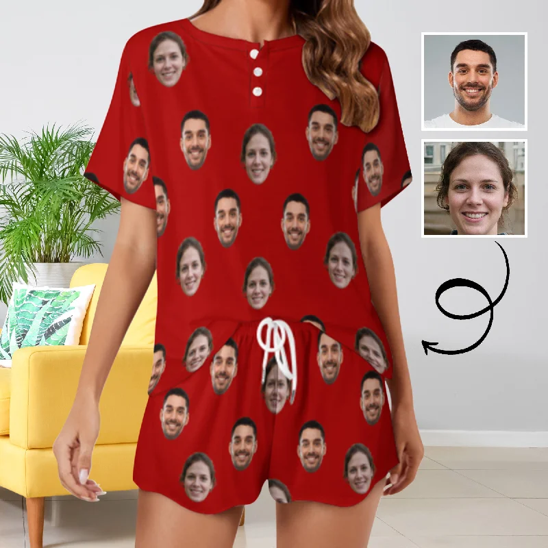 Custom Face Couple Red Print Pajama Set Women's Short Sleeve Top and Shorts Loungewear Athletic Tracksuits Macy’s pajama sets