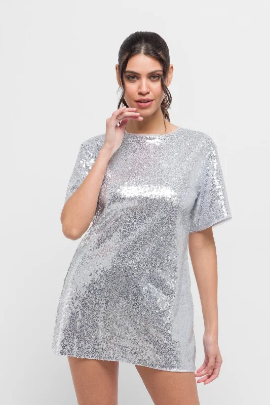 Kimber Tunic Sequin Silver Dress. Chic & Glamorous Street style mini dresses
