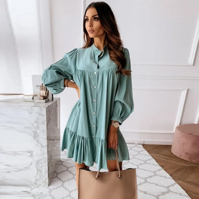 Long Sleeve Stand Collar Solid Elegant Dress Tiered mini dresses