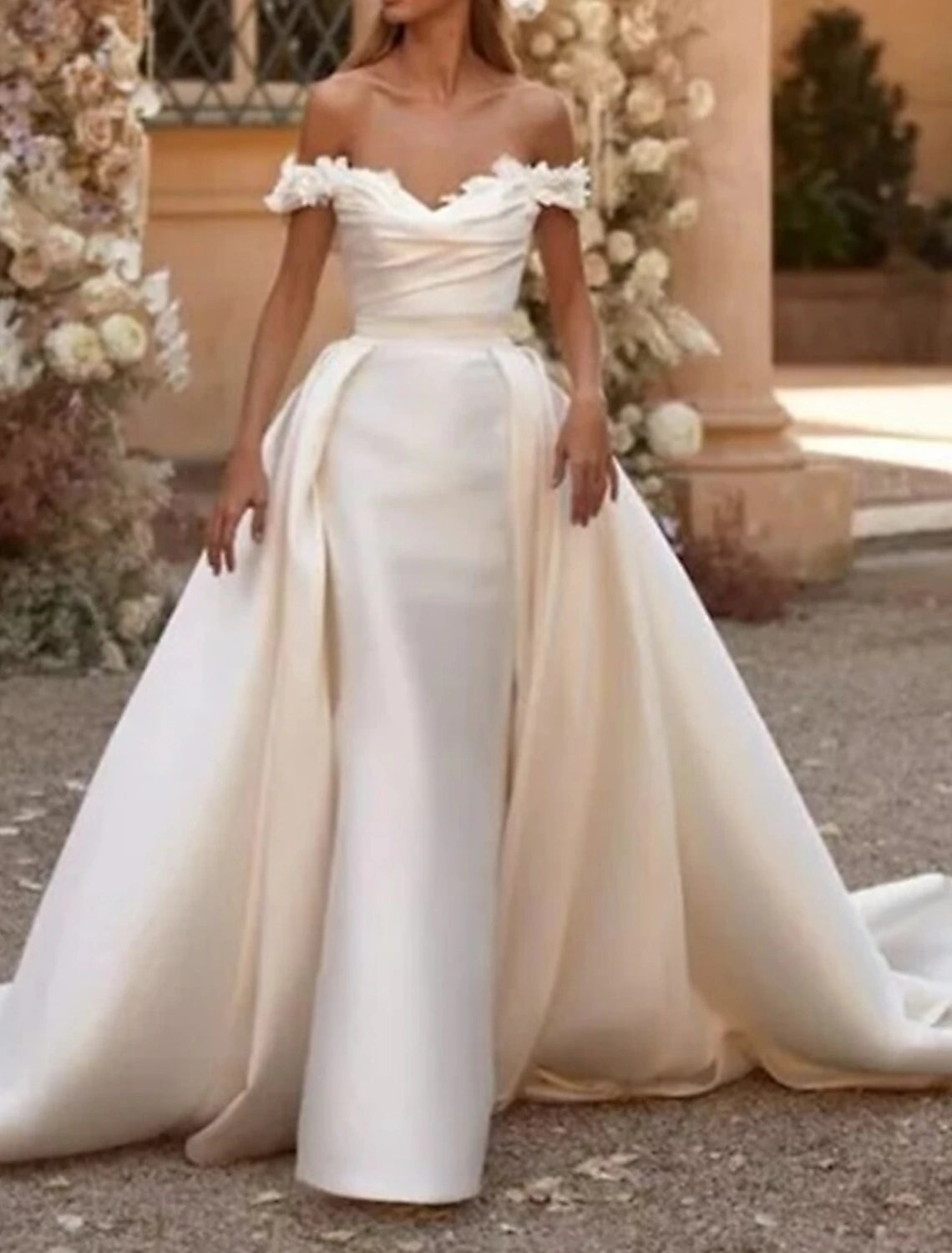 DingJiDress Engagement Formal Wedding Dresses Sheath / Column Off Shoulder Cap Sleeve Court Train Satin Bridal Gowns With Ruched Chic Wedding Gown