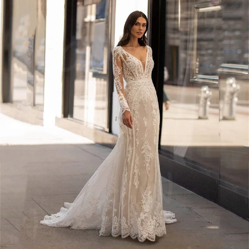 Mermaid Wedding Dress Long Sleeve V-Neck Illusion Back Bridal Gown Satin Bridal Gown