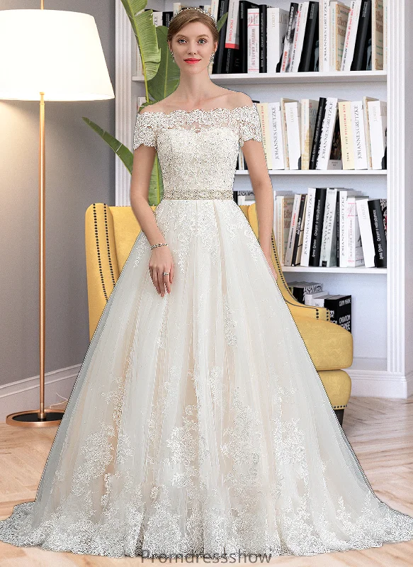 Shaylee Ball-Gown/Princess Court Train Tulle Wedding Dress With Beading Sequins STKP0013770 Beaded Bridal Gown