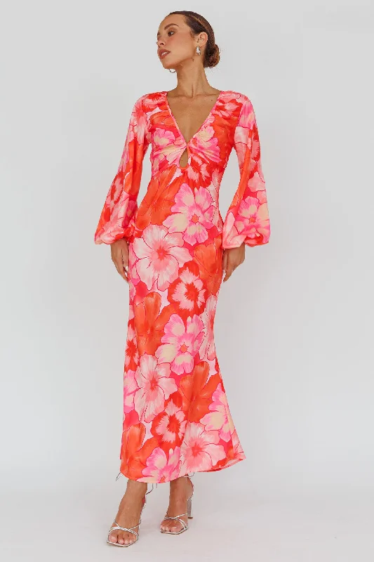 Yessica Balloon Sleeve Midi Dress Floral Pink Chiffon midi dresses