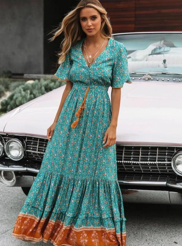 V-Neck Short Sleeve Ruffled Long Maxi Dress Boohoo maxi dresses