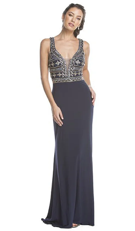 Aspeed Design - Plunging Embellished Sheath Evening Gown Elegant party dresses