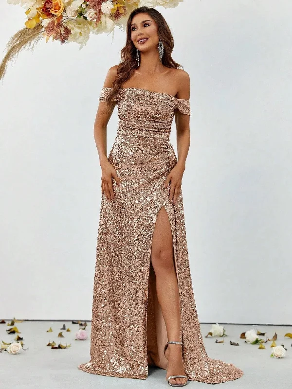 Off Shoulder Ruched Draped Side Sequin Party Dress Wedding guest party dresses