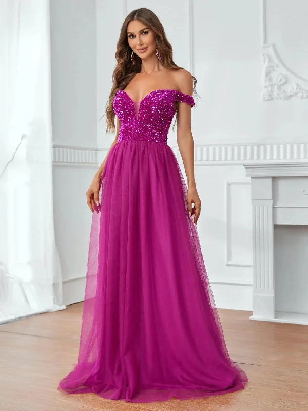 Off Shoulder Sequin Bodice Contrast Mesh Hem Party Dress Best party dresses for dancing