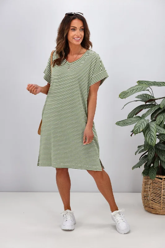 Betty Basics Elise V-Neck Rib Dress Avocado Stripe High-end unclassified dresses
