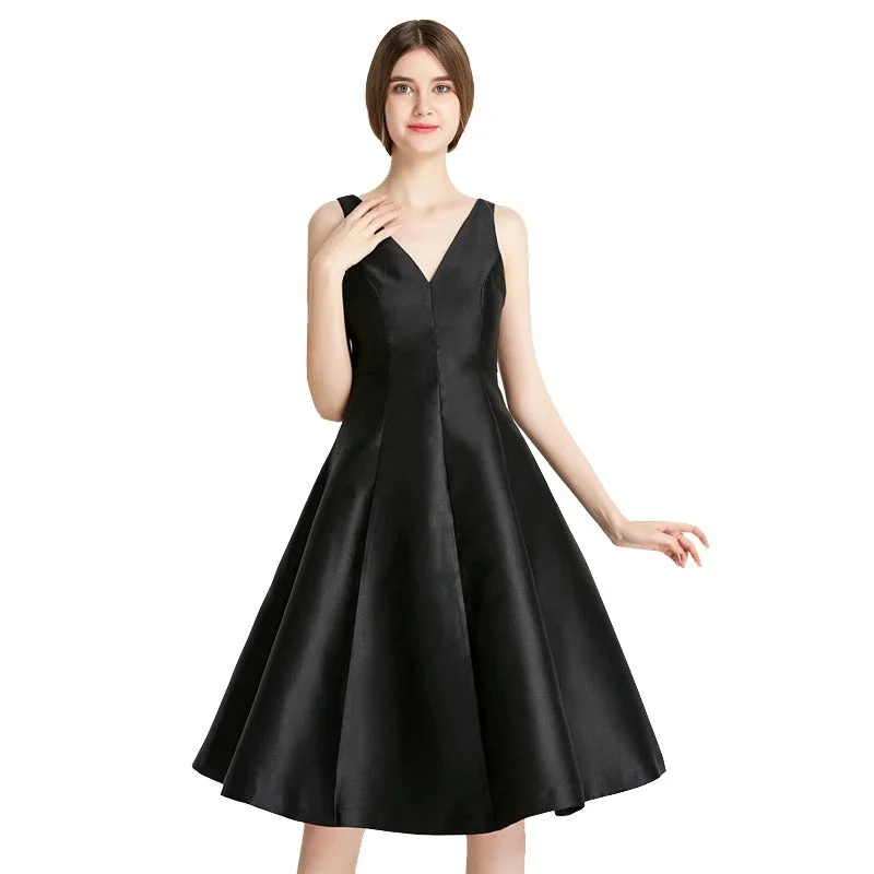 Black Retro Pleated V-neck Dress Spring unclassified dresses