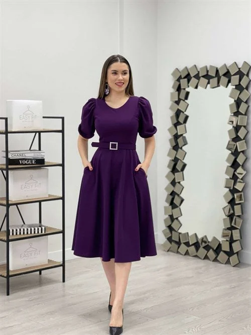 Crepe Fabric Belt Detailed Dress - Eggplant Purple Vintage unclassified dresses