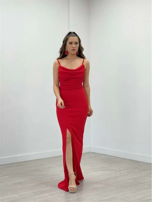 Crepe Fabric Degaje Collar Strap Dress - Red Fall unclassified dresses