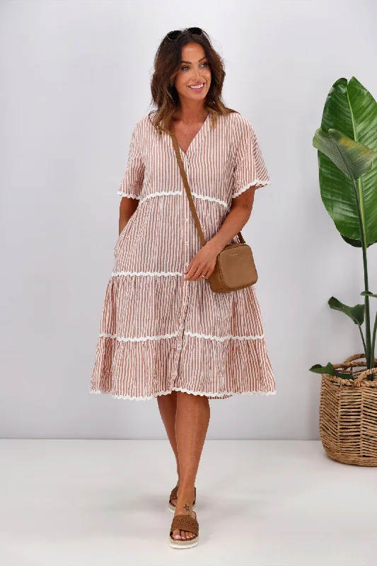 Joop & Gypsy Rosalie Dress Mocha Stripe One-shoulder unclassified dresses
