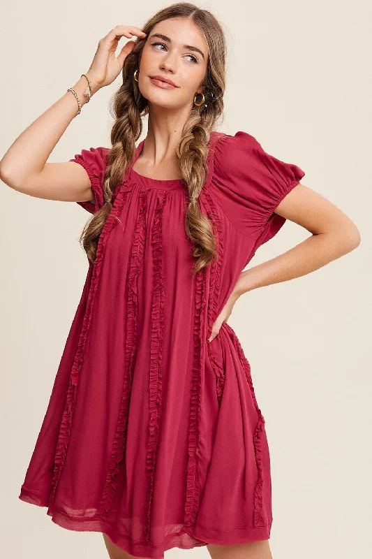 Magenta Square Neck Puff Sleeve Flowy Dress With Ruffle Breathable unclassified dresses