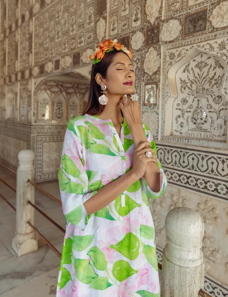 NOLOGO Lime leaf classic tunic linen dress Mesh unclassified dresses