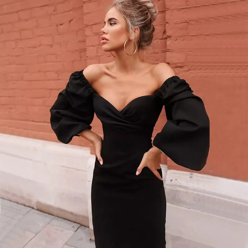 Amy Fashion - Pure V Neck Off Shoulder Lantern Sleeve Dress Embroidered unclassified dresses