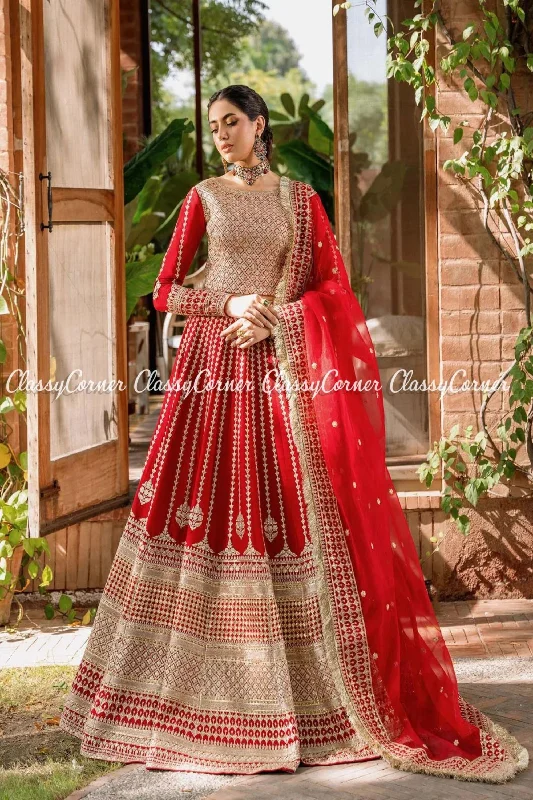 Red Golden Raw Silk Organza Embroidered Bridal Wear Lehenga Ruffled unclassified dresses