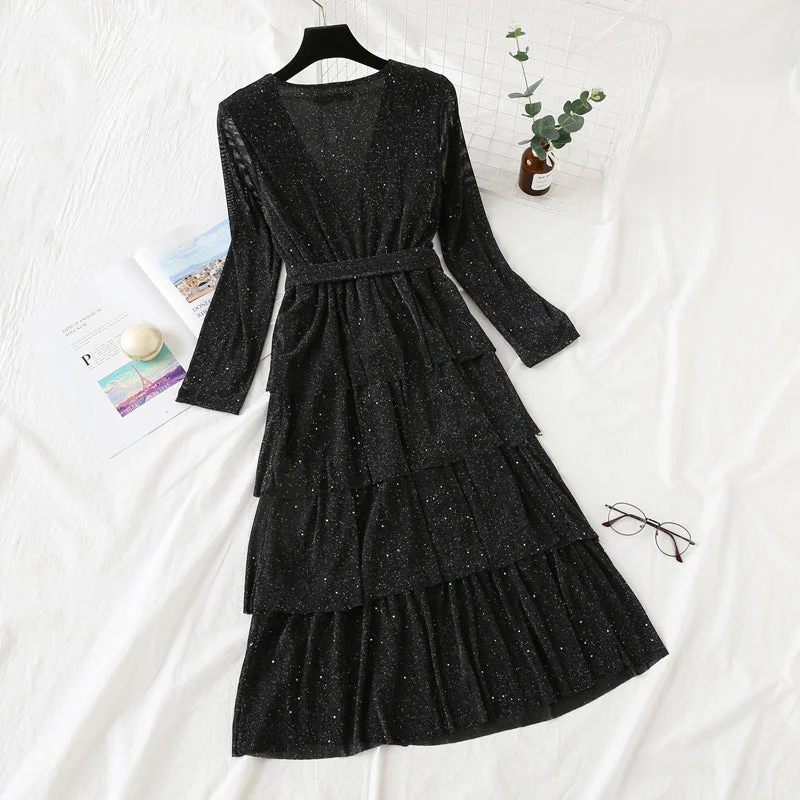 Temperament V-neck Crystal Mesh glittering cake dress  2448 Designer unclassified dresses