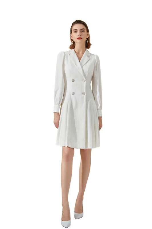 White V-Neck Pinstripes  DoubleBreasted Pleated Dress Short unclassified dresses