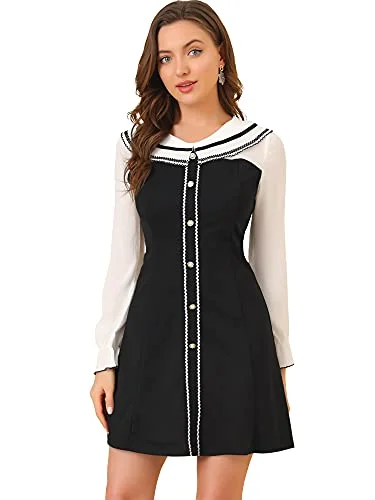 Women's Doll Collar Color Block Lond Sleeve Chiffon Dress Party unclassified dresses