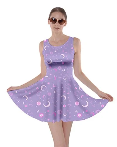 Womens Starry Night Sky Moon Stars Space Constellations Planets Mrs Frizzle Skater Dress,  XS-5XL | Original Brand Satin unclassified dresses