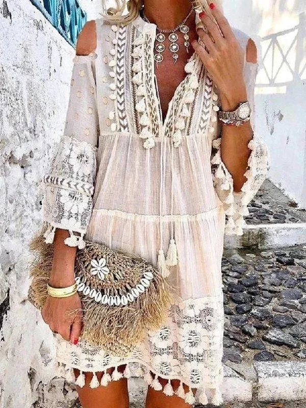2024 New Spring Embroidery Crochet Lace Boho Dress Long Sleeve Lace Dress