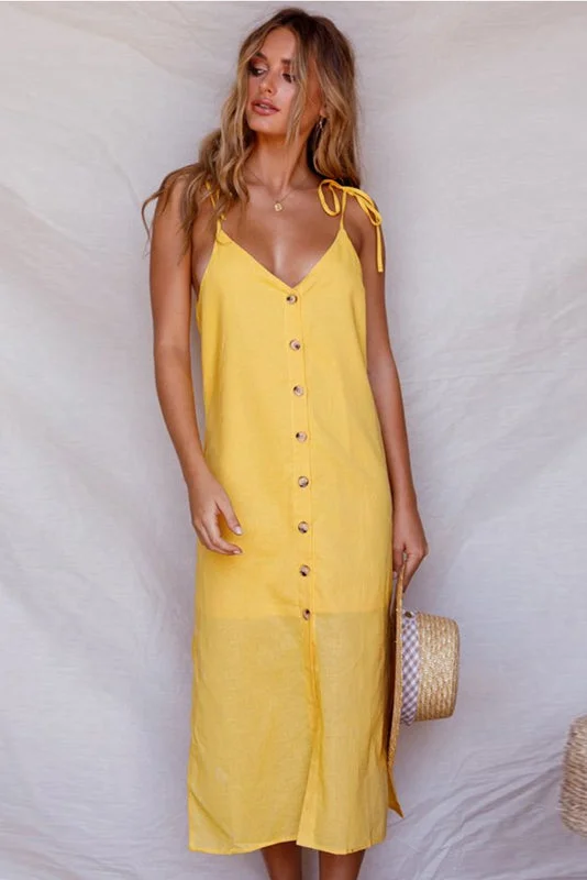 V Neck Sleeveless Single Breasted Lace-up Slit Dress Ruffled Lace Gown