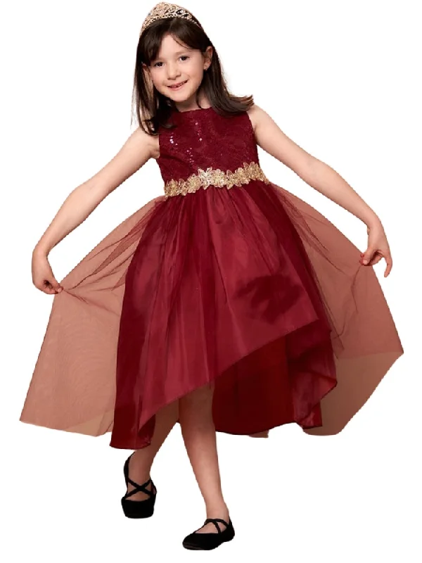 Little Girls Burgundy Sequin Bodice Hi Low Flower Girl Dress 2-6 Sequin Dress Trendy
