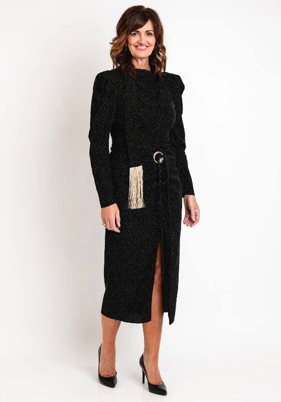 Kameya Gold Pattern, Tassel Sash Midi Dress, Black Wraparound Midi Skirt