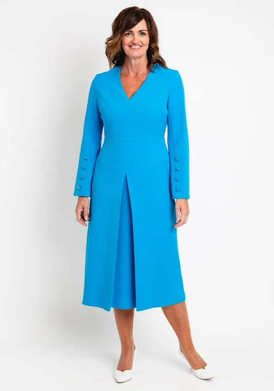 Kameya Button Flare Sleeve Midi Dress, Blue Ribbed Midi Skirt