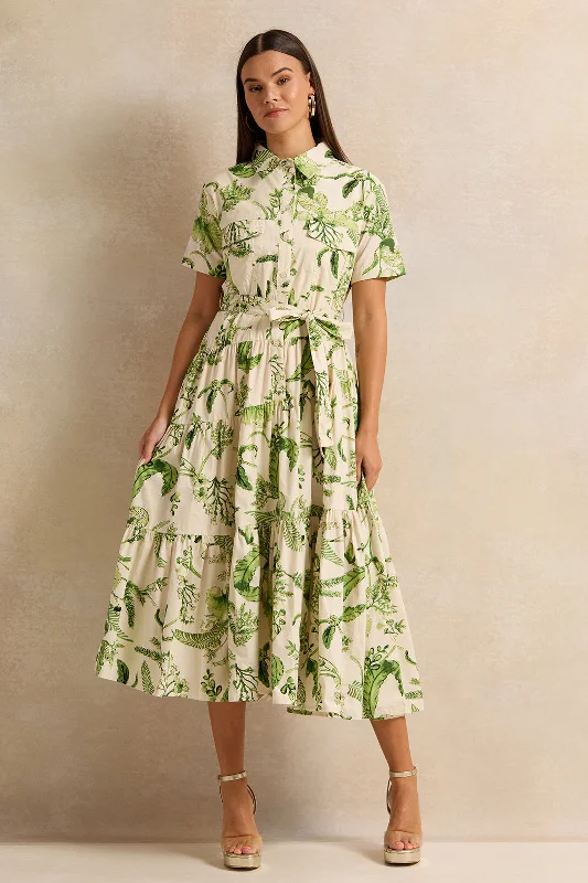 Women Ivory Printed Tiered Shirt Dress Casual Shirt Dress